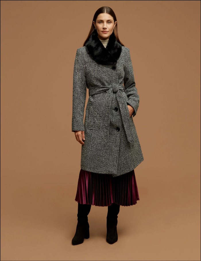 Anne Klein Belted Wrap Wool Coat With Fur Collar